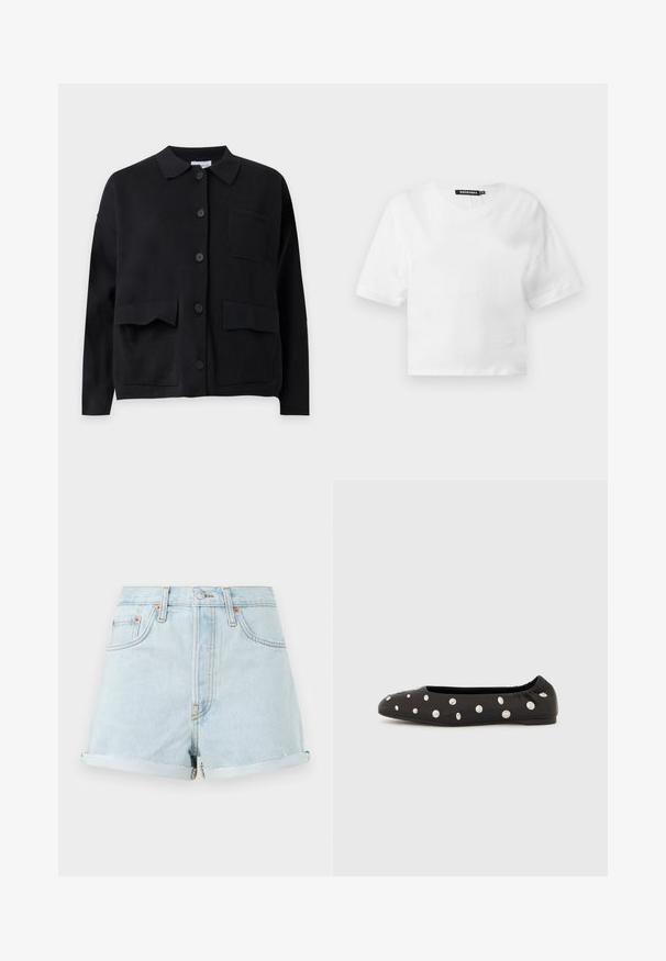 Sort langærmet cardigan med knapper, krave og tre forlommer på en ensfarvet lys baggrund.; Hvid kortærmet crop-top med rund halsudskæring og sort mærke indeni kraven, vist på ensartet lyst baggrund.; Lyseblå denim shorts med høj talje, opadvendte manchetter, kobbernitter og en frontlynlås. Har klassisk fem-lomme stil.; Sort ballerinasko med elastisk bag på skaftet og spredte store sølvfarvede runde nitter på overdelen, vist i profil mod en hvid baggrund.