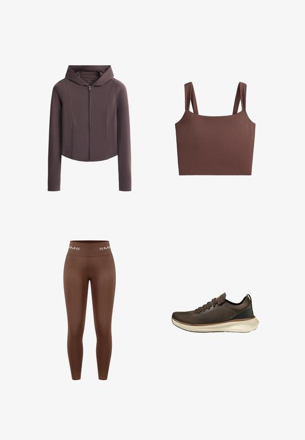 Sweat à capuche marron foncé à manches longues avec fermeture éclair devant, poches avant et silhouette ajustée.; Top court marron avec larges bretelles et encolure droite, présenté sur un fond blanc uni.; Leggings marron taille haute avec une texture lisse, dotés d'une ceinture tricotée portant le logo "SMIMS" en blanc, coupe ajustée, longueur totale.; Chaussure de sport marron tricotée avec fermeture à lacets, col rembourré, semelle blanche amortissante et languette de tirage au talon.