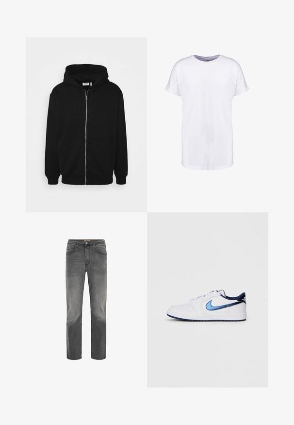 Sort zip-up hoodie med en snor i hætten, forlommer, ribbede ærmer og en glat stoftekstur. Central brandingmærke synligt indvendigt.; Hvid bomulds t-shirt med korte ærmer, rund halsudskæring og en afslappet pasform. Glat tekstur og ingen synlige mønstre eller designs.; Grå denim jeans med lige pasform, fem-lomme design og en subtil slidt finish. Har en knap- og lynlås lukning.; Lavtop hvid sneaker med mørkeblå Nike swoosh, snørebånd og hældetaljer, vist fra siden på en ensfarvet hvid baggrund.