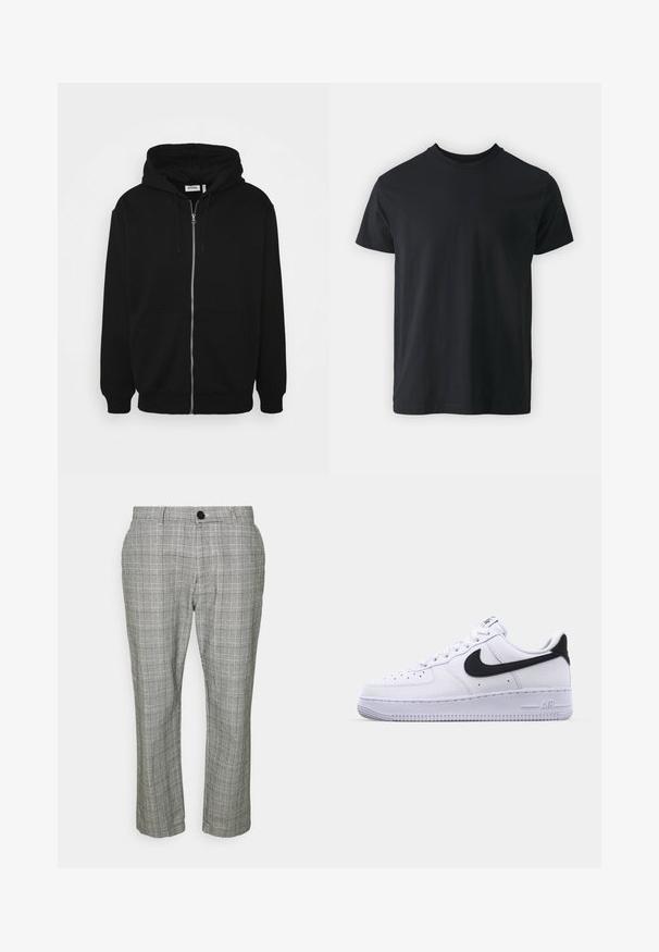 Haut à capuche zippé noir avec un cordon de serrage, poches avant, poignets côtelés et une texture de tissu lisse. Étiquette de marque centrale visible à l'intérieur.; T-shirt noir en coton à manches courtes avec un col rond et une coupe décontractée. Texture lisse et ourlet droit, sans graphismes ni motifs visibles.; Pantalons à carreaux gris avec une coupe ajustée, dotés d'une fermeture à glissière, d'une fermeture à bouton et de poches latérales. Le tissu a une texture lisse.; Sneaker en cuir blanc avec un Swoosh noir texturé, des lacets plats et une semelle en caoutchouc avec un motif strié. "AIR" est embossé sur le talon.
