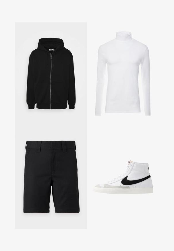 Sort zip-up hoodie med en snor i hætten, forlommer, ribbede ærmer og en glat stoftekstur. Central brandingmærke synligt indvendigt.; Hvid langærmet turtleneck skjorte lavet af blødt, strækbart materiale. Har en høj krave og et tætsiddende design, som giver en strømlinet silhuet.; Sorte knælange shorts med bæltestropper og forlommer, lavet af robust stof, vist på en hvid baggrund.; Hvide høje sneakers med et sort swoosh, struktureret grå tåhætte og flad hvid sål. Har seks snørrehuller og syede detaljer.