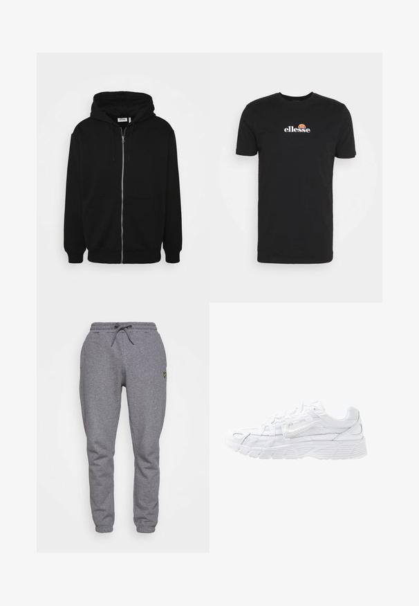 Sudadera con cremallera negra y capucha ajustable, con bolsillos frontales, puños acanalados y una textura de tela suave. Etiqueta de marca central visible en el interior.; Camiseta de algodón negra con cuello redondo, mangas cortas y un logo blanco con un acento naranja cerca del escote.; Pantalones de chándal grises de algodón con cintura elástica, cordones, bolsillos laterales y un pequeño logo amarillo en el muslo. Diseño de pierna estrecha.; Nike Sportswear P 6000 - Zapatillas - white/platinum tint