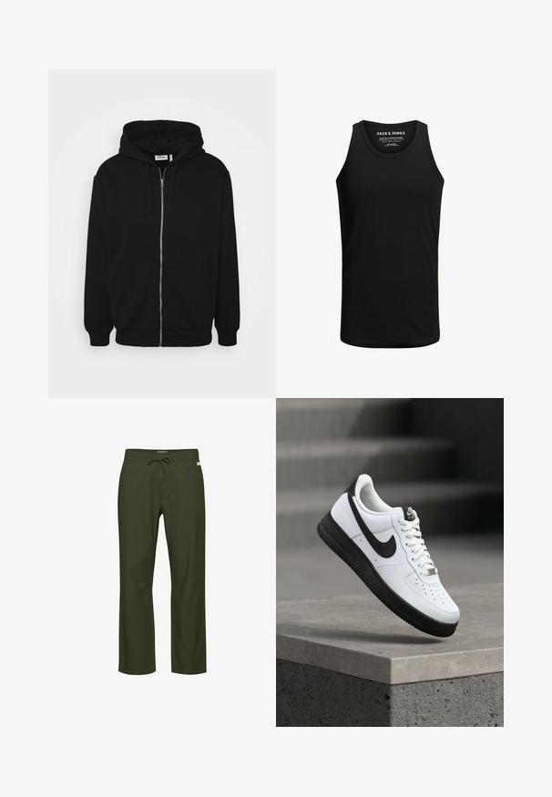 Must päheline must sportjack, millel on nööriga kapuuts, esi-taskud, soonikkoes varrukad ja sile kangastekstuur. Keskne brändimärgis on nähtav seest.; Must have puuvillasegust valmistatud must tank top, millel on klassikaline ümmargune kaelus ja ilma varrukateta disain. Üksluisem tekstuur, ilma mustrite või aktsentideta.; Oliivirohelised püksid, millel on paelaga vöökoht, sirge sääre lõige, pehme kangast tekstuur ja esiküljel peenikene logomärk.; Valged nahast tennised mustade detailidega, ümara ninaga ja perforatsioonidega. Musta kummist tald tekstuuriga mustriga ja paelaga kinnitusega.
