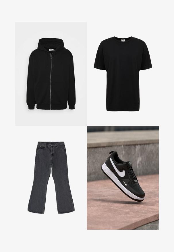 Sudadera con cremallera negra y capucha ajustable, con bolsillos frontales, puños acanalados y una textura de tela suave. Etiqueta de marca central visible en el interior.; Camiseta de algodón negra de cuello redondo con mangas cortas, corte estándar, textura suave y sin patrones o acentos visibles.; Jeans de campana gris oscuro hechos de denim, con un diseño clásico de cinco bolsillos, costuras visibles y detalles de hardware metálico.; Zapatilla Nike Air Force 1 en blanco y negro suspendida sobre una superficie de concreto rosa con un fondo de piedra gris.
