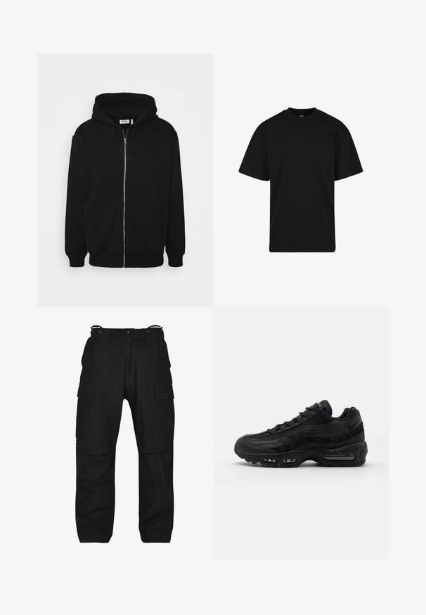 Sort zip-up hoodie med en snor i hætten, forlommer, ribbede ærmer og en glat stoftekstur. Central brandingmærke synligt indvendigt.; Sort T-shirt med korte ærmer og rund hals, afslappet pasform, ensfarvet design uden synlige logoer eller mønstre.; Sorte cargo bukser lavet af slidstærkt stof. Har flere lommer, en afslappet pasform og lynlås med knaplukning. Forstærket syninger ved sømmene.; Nike Sportswear AIR MAX 95 ESSENTIAL - Sneakers - black/dark grey