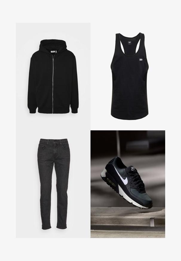 Sort zip-up hoodie med en snor i hætten, forlommer, ribbede ærmer og en glat stoftekstur. Central brandingmærke synligt indvendigt.; Sort tanktop lavet af bomuld, med racerback-design, rund halsudskæring og et lille hvidt "Lee" logo på brystet. Glat tekstur.; Sorte denimjeans med en tætsiddende pasform, som har fem lommer, bæltestropper og diskrete syninger. Slidt tekstur langs stoffet.; Sort og grå Nike Air Max sneaker med hvid swoosh, ophængt over en betongulv mod en sløret mørk baggrund.
