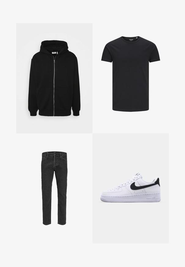 Sort zip-up hoodie med en snor i hætten, forlommer, ribbede ærmer og en glat stoftekstur. Central brandingmærke synligt indvendigt.; Sort bomulds T-shirt med rund hals, korte ærmer og et enkelt design. Glat tekstur, ingen mønstre eller synligt tilbehør.; Sorte denimbukser med lige ben, fem lommer og bæltestropper, der har en let falmet tekstur og kontraststing. ; Hvide lædersneakers med en struktureret sort Swoosh, flade snørebånd og en gummisål med et rillemønster. "AIR" er præget på hælen.