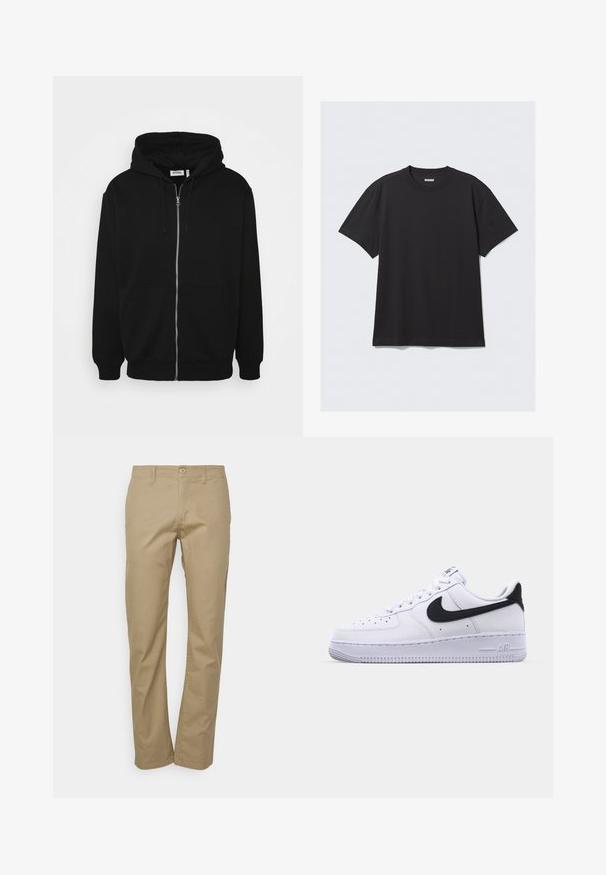 Sort zip-up hoodie med en snor i hætten, forlommer, ribbede ærmer og en glat stoftekstur. Central brandingmærke synligt indvendigt.; Sort kortærmet t-shirt lavet af bomuld. Har en rund halsudskæring og en afslappet pasform. Enkel design uden synlige mønstre eller accenter.; Beige chinos med lige ben, der har knaplukning, bæltesløjfer og en glat bomuldsstoftekstur.; Hvide lædersneakers med en struktureret sort Swoosh, flade snørebånd og en gummisål med et rillemønster. "AIR" er præget på hælen.