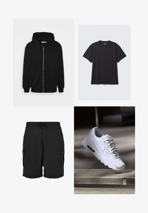 Haut à capuche zippé noir avec un cordon de serrage, poches avant, poignets côtelés et une texture de tissu lisse. Étiquette de marque centrale visible à l'intérieur.; T-shirt noir à manches courtes en coton. Il présente un col rond et une coupe décontractée. Design simple sans motifs ni accents visibles.; Short cargo noir avec taille élastique, cordon ajustable et poches latérales boutonnées.; Baskets blanches en cuir avec des surfaces texturées, un col rembourré et un amorti d'air visible dans la semelle. Elles possèdent des lacets et un design minimaliste.