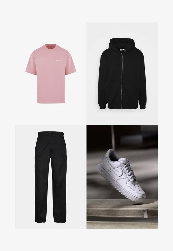 Haut à capuche zippé noir avec un cordon de serrage, poches avant, poignets côtelés et une texture de tissu lisse. Étiquette de marque centrale visible à l'intérieur.; Another Cotton Lab OFFLINE SCRIBBLE - T-shirt imprimé - rose; Pantalons cargo noirs avec une coupe droite, dotés de poches latérales, d'une fermeture à bouton et de poignets élastiques aux chevilles. Fabriqués en tissu résistant.; La basket Nike Air Force 1 en cuir blanc présente un embout perforé, des lacets plats et une semelle en caoutchouc texturée avec le logo « AIR » sur le côté.