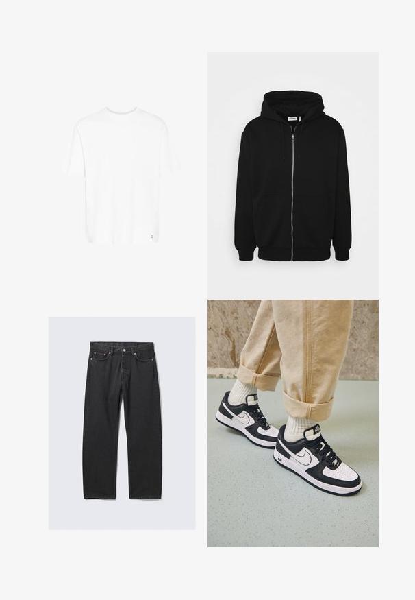 Sort zip-up hoodie med en snor i hætten, forlommer, ribbede ærmer og en glat stoftekstur. Central brandingmærke synligt indvendigt.; Hvid t-shirt med korte ærmer i blød bomuldsblanding. Har en rund hals og et diskret logo ved bunden af kanten. Lige snit og afslappet pasform.; Sorte jeans med lige ben, fem lommer og knaplukning i taljen, lagt fladt på en lys baggrund.; Sorte og hvide Nike Air Force 1 sneakers med læderoverdel, perforeret tå og tekstureret såldetalje, båret med rullede beige bukser og hvide sokker.