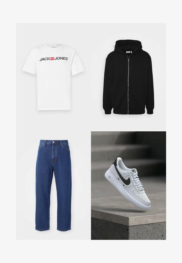 Schwarze Zip-Hoodie mit einer Kapuze mit Kordelzug, Vorderseitentaschen, gerippten Bündchen und einer glatten Stoffoberfläche. Zentrale Markenetikette innen sichtbar.; Weißes Baumwoll-T-Shirt mit einem großen schwarzen "JACK & JONES"-Logo und rotem Kastenakzent. Kurze Ärmel und klassischer Rundhalsausschnitt.; Hoch taillierte blaue Jeans aus Denim, mit geradem Bein, sichtbaren Nähten und einem Frontknopfverschluss.; Weißer Nike Air Force 1 Sneaker mit schwarzem Swoosh-Logo, der über einer Betonvorsprung mit unscharfen Treppen im Hintergrund schwebt.