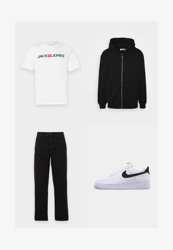 Sort zip-up hoodie med en snor i hætten, forlommer, ribbede ærmer og en glat stoftekstur. Central brandingmærke synligt indvendigt.; Hvid bomulds-T-shirt med stort sort "JACK & JONES" logo med en rød boksdetalje. Korte ærmer og klassisk rund hals.; Sorte denim jeans med lige ben design, der har knaplukning, bæltestropper og klassisk fem-lomme stil.; Hvide lædersneakers med en struktureret sort Swoosh, flade snørebånd og en gummisål med et rillemønster. "AIR" er præget på hælen.