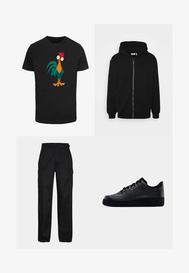 Schwarze Zip-Hoodie mit einer Kapuze mit Kordelzug, Vorderseitentaschen, gerippten Bündchen und einer glatten Stoffoberfläche. Zentrale Markenetikette innen sichtbar.; Schwarzes T-Shirt mit einem bunten Cartoon-Hahn-Design, das übertriebene Merkmale und große Augen zeigt, mit orangefarbenen, grünen und roten Akzenten.; Schwarze Cargo-Hosen mit geradem Schnitt, ausgestattet mit Seitentaschen, einem Knopfverschluss und elastischen Bündchen an den Knöcheln. Hergestellt aus strapazierfähigem Material.; Schwarzer Nike Air Force 1 Schuh mit einem glatten Lederoberteil, perforierter Zehenpartie für Atmungsaktivität, schwarzen Schnürsenkeln und einer strukturierten Gummisohle.