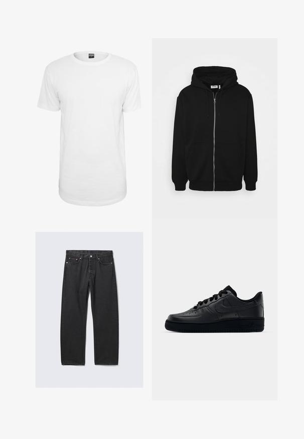 Haut à capuche zippé noir avec un cordon de serrage, poches avant, poignets côtelés et une texture de tissu lisse. Étiquette de marque centrale visible à l'intérieur.; T-shirt blanc à manches courtes en coton, avec un col rond classique, une coupe décontractée et sans motifs ni logos visibles.; Jean noir droit avec cinq poches et une fermeture bouton à la taille, posé à plat sur un fond clair.; Baskets Nike Air Force 1 noires avec un dessus en cuir lisse, bout perforé pour la respirabilité, lacets noirs et semelle en caoutchouc texturé.