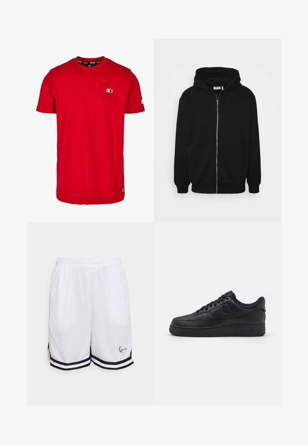Sort zip-up hoodie med en snor i hætten, forlommer, ribbede ærmer og en glat stoftekstur. Central brandingmærke synligt indvendigt.; Rød bomulds t-shirt med rund hals, korte ærmer og et lille sort logo på venstre bryst og ærme. Glat, ensfarvet stof.; Hvide atletiske shorts lavet af letvægtsstof, med en sort stribet kant og et signaturlogo på den nederste venstre side.; Nike Sportswear AIR FORCE 1 07 FLYEASE - Sneakers - black