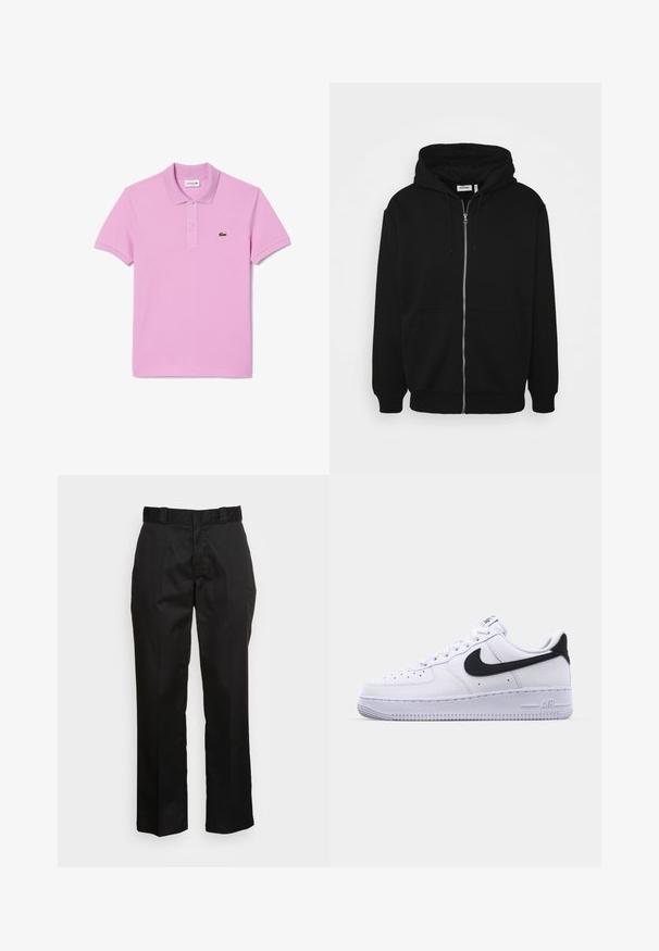Sudadera con cremallera negra y capucha ajustable, con bolsillos frontales, puños acanalados y una textura de tela suave. Etiqueta de marca central visible en el interior.; Camisa polo rosa de algodón con cuello, mangas cortas, tapeta de tres botones y logo del cocodrilo de Lacoste en el lado izquierdo del pecho.; Pantalones negros hechos de una tela suave, con un diseño de pierna recta, trabillas para cinturón y dos bolsillos laterales. Un aspecto clásico sin adornos.; Zapatilla blanca de cuero con un Swoosh negro texturizado, cordones planos y una suela de goma con un patrón estriado. "AIR" está grabado en el talón.