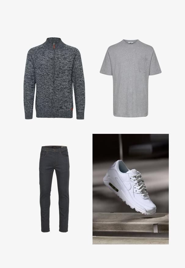 Pull en maille grise zippé avec un motif texturé, col montant et poignets côtelés. Présente un accent en cuir près de l'ourlet.; T-shirt gris à manches courtes en tissu doux. Présente un col rond et une poche sur la poitrine gauche, avec un ourlet droit. Design minimaliste.; Jeans en denim bleu foncé avec une coupe slim, dotés de cinq poches, d'une fermeture par bouton et zip, et d'une couture contrastante. Texture lisse.; Baskets blanches en cuir avec des surfaces texturées, un col rembourré et un amorti d'air visible dans la semelle. Elles possèdent des lacets et un design minimaliste.