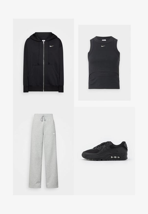 Musta vetoketjullinen huppari, joka on valmistettu pehmeästä kankaasta. Siinä on huppu, etutaskut, ribattuja hihansuita sekä pieni valkoinen Nike-logo rinnassa.; Musta hihaton lyhyt urheilutoppi, jossa on ribbineulos ja valkoinen Nike swoosh -logo rinnassa.; Harmaat verkkarit, joissa on elastinen vyötärö, nauhaverhoilu ja pieni valkoinen Nike-logo vasemmassa reidessä. Pehmeä kangas, löysä istuvuus.; Musta urheilukenkä, jossa on sileä nahka- ja verkko-yläosa, pyöreä kärki, teksturoituja yksityiskohtia ja näkyvä ilmayksikkö pohjassa.