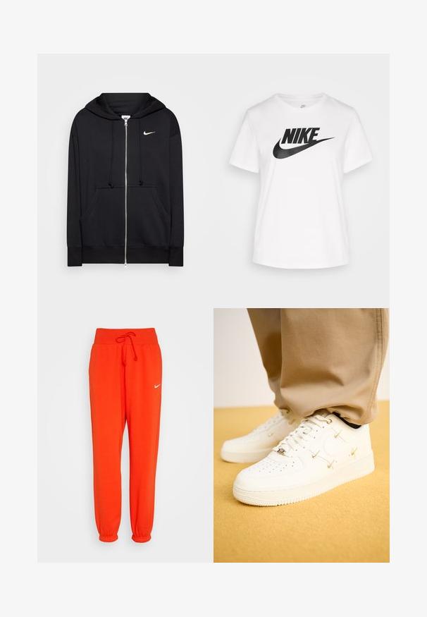 Zwarte rits hoodie van zacht materiaal, voorzien van een capuchon, zakken aan de voorkant, geribde manchetten en een klein wit Nike-logo op de borst.; Witte katoenen T-shirt met een ronde hals, korte mouwen en een groot zwart Nike-logo gedrukt over de borst. Gladde textuur en casual ontwerp.; Nike Sportswear W PHNX FLC HR OS - Trainingsbroek - picante red/sail; Witte leren sneakers met geperforeerde neus, gouden accenten en platte veters, gecombineerd met beige broek op een gestructureerde gele ondergrond.