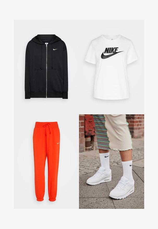 Sudadera con cremallera negra hecha de tejido suave, que cuenta con capucha, bolsillos frontales, puños acanalados y un pequeño logo blanco de Nike en el pecho.; Camiseta de algodón blanca con cuello redondo, mangas cortas y un gran logo negro de Nike impreso en el pecho. Textura suave y diseño casual.; Nike Sportswear W PHNX FLC HR OS - Pantalones deportivos - picante red/sail; Zapatillas Nike Air Max 90 blancas con parte superior de malla y cuero, que cuentan con una unidad de aire visible, combinadas con calcetines blancos con relieve y logotipo negro.
