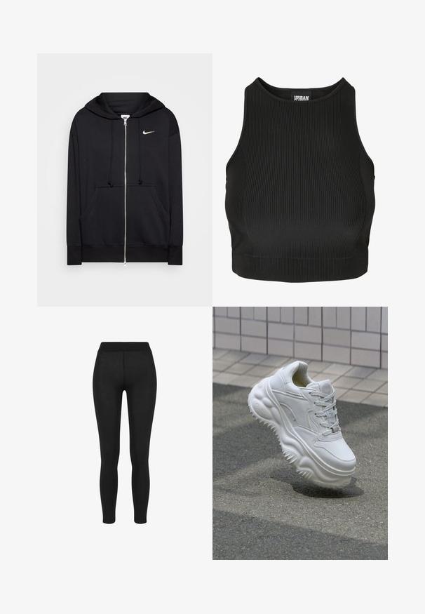 Sudadera con cremallera negra hecha de tejido suave, que cuenta con capucha, bolsillos frontales, puños acanalados y un pequeño logo blanco de Nike en el pecho.; Top corto de canalé negro con cuello alto y diseño ajustado. Está hecho de un material elástico con una textura suave y sin cierres visibles.; Leggings negros con una tela suave, cintura alta, diseño ajustado y sin costuras visibles, adecuados para uso casual o deportivo.; Zapatilla blanca de cuero con suela gruesa, detalles texturizados y cierre con cordones. Presenta acentos moldeados y un acabado suave.