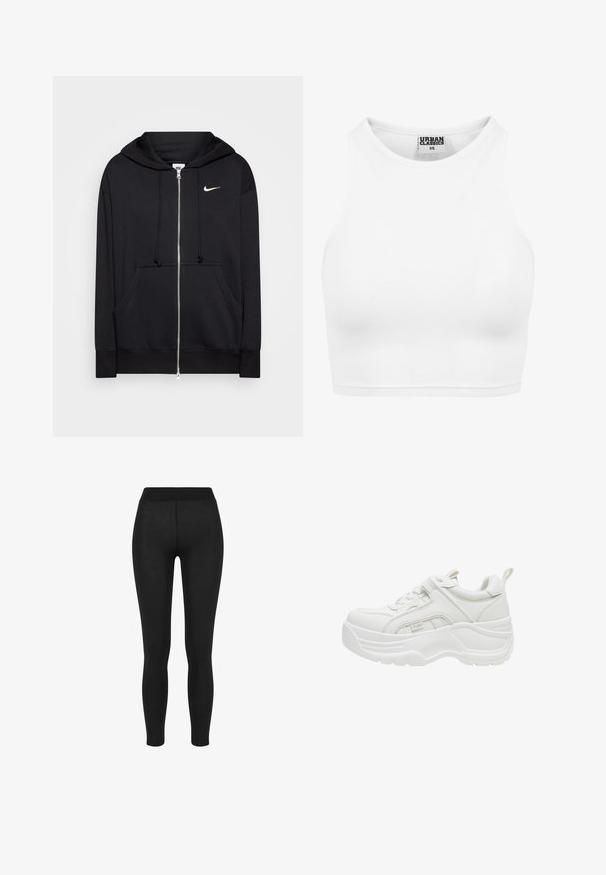Sudadera con cremallera negra hecha de tejido suave, que cuenta con capucha, bolsillos frontales, puños acanalados y un pequeño logo blanco de Nike en el pecho.; Top corto de tirantes blanco acanalado con cuello alto y etiqueta "Urban Classics XS" en el interior del cuello.; Leggings negros con una tela suave, cintura alta, diseño ajustado y sin costuras visibles, adecuados para uso casual o deportivo.; Zapatilla blanca y robusta con suela gruesa, cordones delanteros, cuello acolchado y lengüeta en el talón.