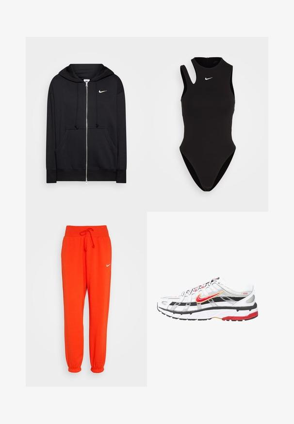 Musta vetoketjullinen huppari, joka on valmistettu pehmeästä kankaasta. Siinä on huppu, etutaskut, ribattuja hihansuita sekä pieni valkoinen Nike-logo rinnassa.; Nike Sportswear BODYSUIT TANK - Toppi - black/white; Nike Sportswear W PHNX FLC HR OS - Verryttelyhousut - picante red/sail; Valkoiset ja mustat urheilukengät, joissa on punaisia ja kultaisia yksityiskohtia. Ominaisuuksia ovat verkkokangas päällinen, pehmustettu pohja ja turvallinen nauhoitusdesign.