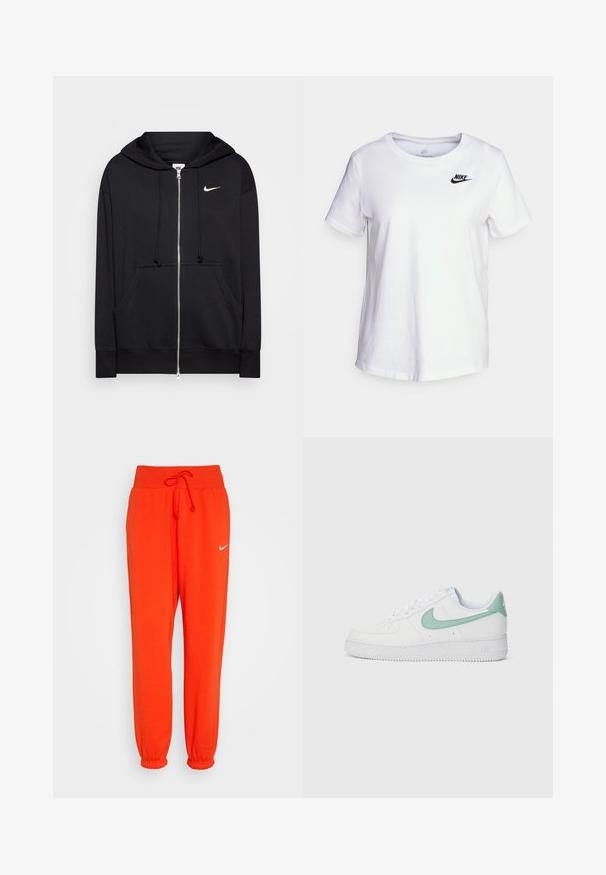 Sudadera con cremallera negra hecha de tejido suave, que cuenta con capucha, bolsillos frontales, puños acanalados y un pequeño logo blanco de Nike en el pecho.; Camiseta de algodón blanca con cuello redondo y mangas cortas. Presenta un logotipo negro de Nike en la parte superior izquierda del pecho.; Nike Sportswear W PHNX FLC HR OS - Pantalones deportivos - picante red/sail; Zapatillas de cuero blancas con un swoosh de Nike y una lengüeta en verde menta, suela texturizada y diseño clásico de cordones.