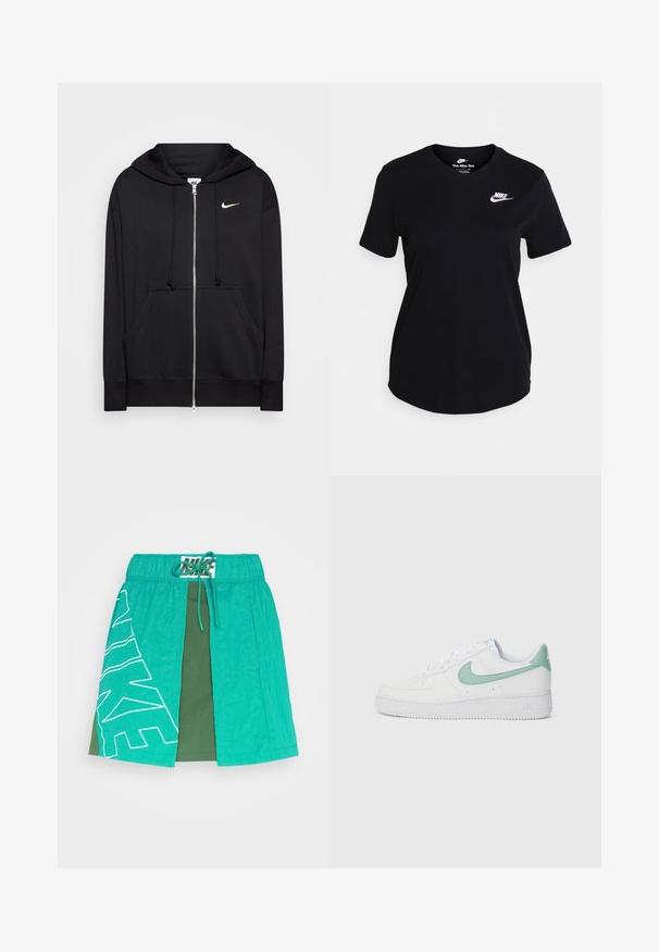 Schwarze Zip-Hoodie aus weichem Stoff, mit Kapuze, Fronttaschen, gerippten Bündchen und einem kleinen weißen Nike-Logo auf der Brust.; Schwarzes Baumwoll-T-Shirt mit kurzen Ärmeln, das ein weißes Nike-Logo auf der Brust, einen klassischen Rundhalsausschnitt und einen geraden Saum aufweist.; Türkiser Sportrock mit grünem Unterlayer. Mit einem weißen Nike-Logo und einem elastischen Bund mit Kordelzug. Glatte Textur.; Weiße Leder-Sneaker mit einem mintgrünen Nike-Swoosh und Ferseneinsatz, strukturiertem Außensohlen und klassischem Schnürdesign.