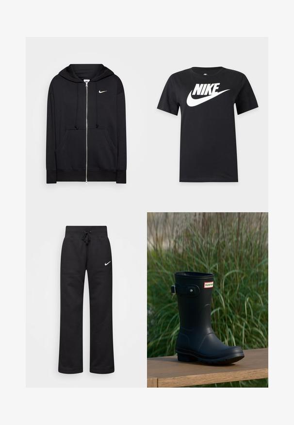 Hoodie zippé noir en tissu doux, doté d'une capuche, de poches frontales, de poignets côtelés et d'un petit logo Nike blanc sur la poitrine.; T-shirt noir à manches courtes avec un grand logo blanc Nike et un swoosh sur la poitrine sur un fond uni.; Pantalons de survêtement noirs en mélange de coton, dotés d'une taille élastique avec cordon de serrage, de jambes droites et d'un logo Nike blanc sur le côté gauche.; Botte de pluie en caoutchouc noir avec une finition brillante, dotée d'une boucle argentée et d'un écusson de logo. La semelle est texturée pour une meilleure adhérence.