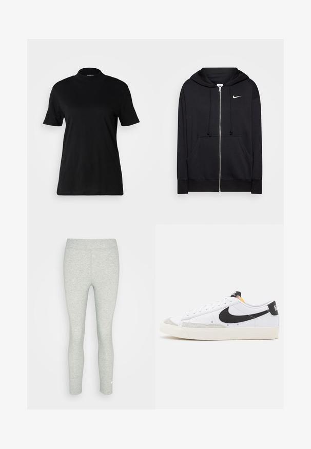 Sudadera con cremallera negra hecha de tejido suave, que cuenta con capucha, bolsillos frontales, puños acanalados y un pequeño logo blanco de Nike en el pecho.; Camiseta negra de manga corta con un cuello alto, hecha de tela de algodón suave. Diseño simple sin patrones ni gráficos visibles.; Leggings atléticos grises hechos de un material suave y elástico con una textura lisa. Presentan un diseño ajustado y un pequeño logo blanco en el tobillo.; Zapatillas blancas con swoosh negro, detalles en ante gris y suela de goma color crema. Presentan cordones blancos y un talón negro con marca.