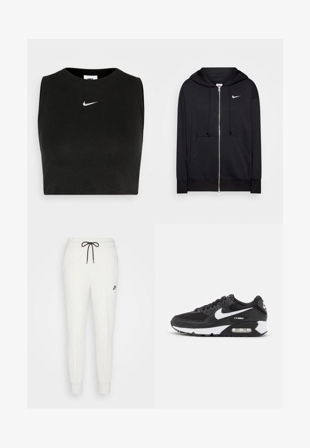 Sudadera con cremallera negra hecha de tejido suave, que cuenta con capucha, bolsillos frontales, puños acanalados y un pequeño logo blanco de Nike en el pecho.; Top corto negro sin mangas hecho de material acanalado, con cuello redondo y un pequeño logo blanco de Nike en el pecho.; Pantalones de chándal blancos hechos de una tela suave, con una cintura elástica, cordón negro ajustable y un pequeño logotipo negro en el muslo.; Zapatillas Nike Air Max con parte superior de malla y cuero negro, detalles en blanco, amortiguación de aire visible y suela de goma texturizada.