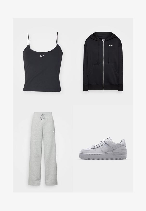 Melnā kapuces džemperis ar rāvējslēdzēju, izgatavots no mīkstas auduma, ar kapuci, priekšējiem kabatām, ribotām aprocēm un mazu baltu Nike logotipu uz krūtīm.; Melna bez piedurknēm augšdaļa ar noapaļotu kakla izgriezumu, plānām siksnām un centrētu baltu Nike logotipu. Izgatavota no gludas auduma, ar pieguļošu dizainu.; Pelēkas sporta bikses ar elastīgu jostasvietu, aukliņu detalizācijām un mazu baltu Nike logotipu kreisajā augšstilbā. Mīksta auduma, brīvi pieguļošas.; Pelēkie Nike Air Force 1 sneakers ar perforētu purngalu, gluda ādas virsma, bieza zole un iegravēts 'AIR' detalizējums uz papēža.