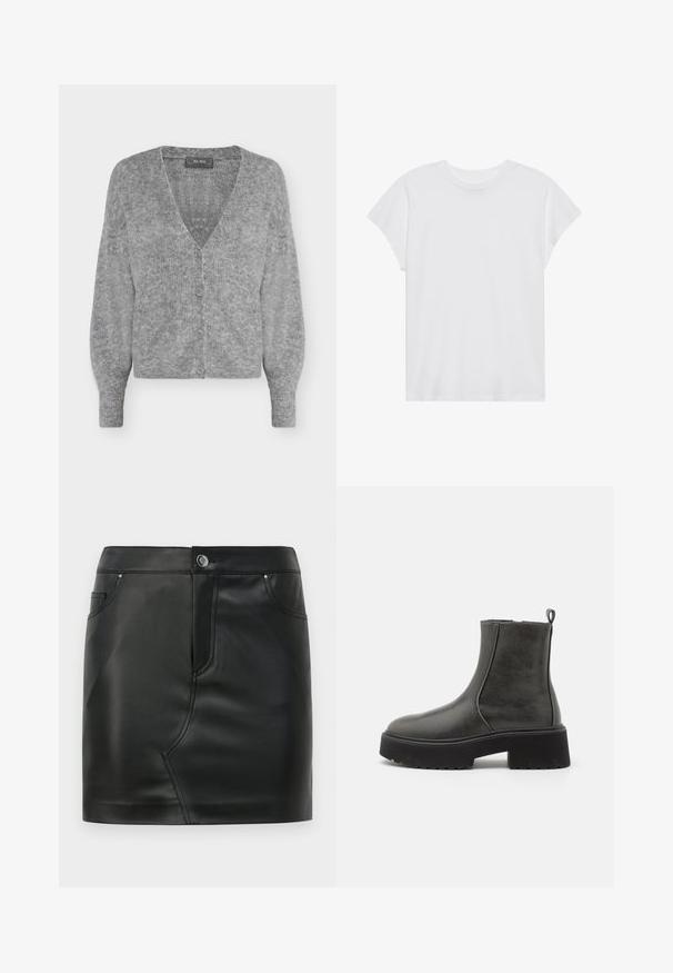 Zachte grijze gebreide cardigan met lange mouwen, een V-hals, vier knopen aan de voorkant en een geribde zoom en manchetten.; Witte t-shirt met korte mouwen, ronde hals, relaxte pasvorm, gemaakt van zacht katoen. Glad textuur, geen patronen of logo's.; Zwarte nepleer mini-rok met een voorknop, ritsluiting, voor- en achterkant zakken, en naaddetail.; Zwarte enkellaarzen met een gladde synthetische bovenkant, elastische zijkanten, een treklip en een stevige rubberen zool.