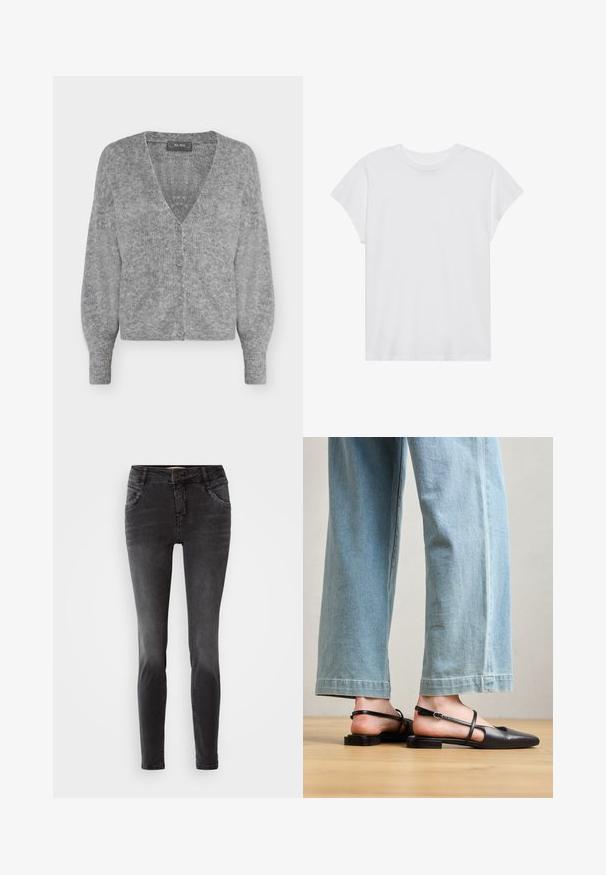 Weiche graue Strickjacke mit langen Ärmeln, V-Ausschnitt, vier Knöpfen vorne und einem gerippten Saum und Bündchen.; Weißes kurzärmliges T-Shirt mit Rundhalsausschnitt, lockerer Passform, aus weichem Baumwollstoff. Glatte Textur, keine Muster oder Logos.; Schwarze Slim-Fit-Jeans aus Denim, mit einem frontalen Knopfverschluss, Nietenverzierungen an den Taschen und einer glatten Textur.; Schwarze Lederslingback-Schuhe mit spitzer Zehe, flachem Absatz und Knöchelriemen; getragen mit hellblauen, weit geschnittenen Jeans.