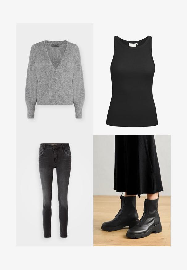 Cardigan gris doux en maille avec manches longues, col en V, quatre boutons sur le devant et ourlet et poignets côtelés.; Débardeur noir en tissu côtelé, avec un décolleté en forme de rond et une coupe ajustée. Coutures plates et sans ornements. Design simple et épuré.; Jean skinny noir en denim, avec une fermeture à bouton à l'avant, des détails cloutés sur les poches et une texture lisse.; Bottines en cuir noir avec une semelle plateforme épaisse et une fermeture éclair à l'avant. Texture lisse avec un design minimaliste.