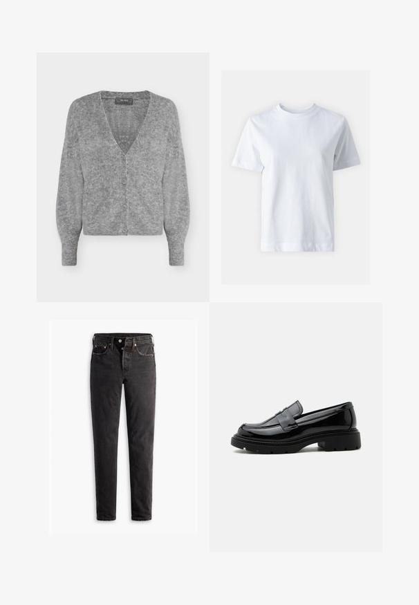 Zachte grijze gebreide cardigan met lange mouwen, een V-hals, vier knopen aan de voorkant en een geribde zoom en manchetten.; Witte katoen t-shirt met een ronde hals, korte mouwen, een rechte snit en een gladde textuur. Geen patronen of versieringen.; Zwarte denim jeans met een rechte pijp, voorzien van vijf zakken, koperen hardware en een licht vervaagde textuur.; Zwarte glanzende leren loafer met grove profielzool en pennyriem, zijaanzicht op een effen witte achtergrond.