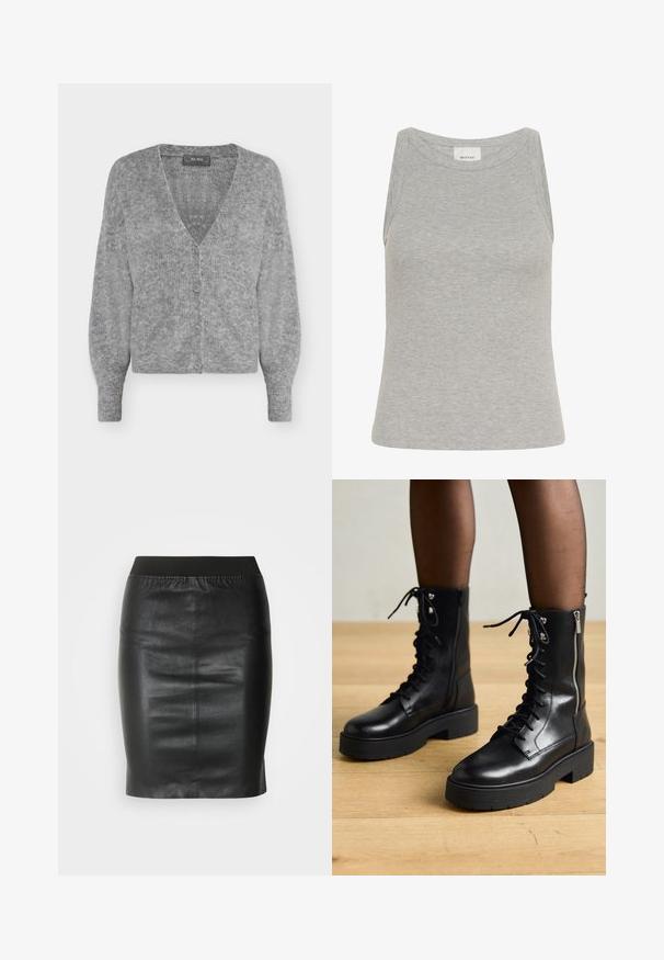 Zachte grijze gebreide cardigan met lange mouwen, een V-hals, vier knopen aan de voorkant en een geribde zoom en manchetten.; Grijze geribbelde tanktop met een ronde halslijn en mouwloos ontwerp. Gemaakt van zachte stof, met een aansluitende pasvorm en minimale naden.; Zwarte kokerrok van soepel leer, met een elastische tailleband voor een aansluitende pasvorm en een minimalistisch ontwerp.; Zwarte leren veterschoenen met chunky zolen, zijrits en metalen oogjes. Gladde afwerking met variërende textuur op de schacht.