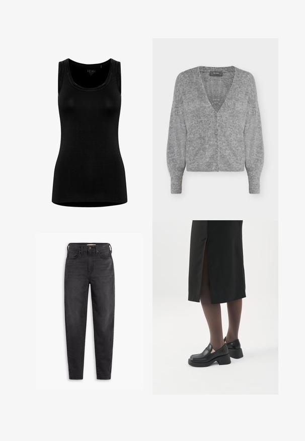 Cardigan gris doux en maille avec manches longues, col en V, quatre boutons sur le devant et ourlet et poignets côtelés.; Débardeur noir sans manches en tissu doux et extensible. Présente un col rond et un design minimaliste sans marque visible.; Jean slim taille haute noir avec poches avant et arrière, fermeture à bouton et passants de ceinture, présentés sur un fond blanc.; Femme portant des mocassins noirs à talons épais, des collants noirs transparents et une jupe noire fendue à l'arrière sur fond blanc.