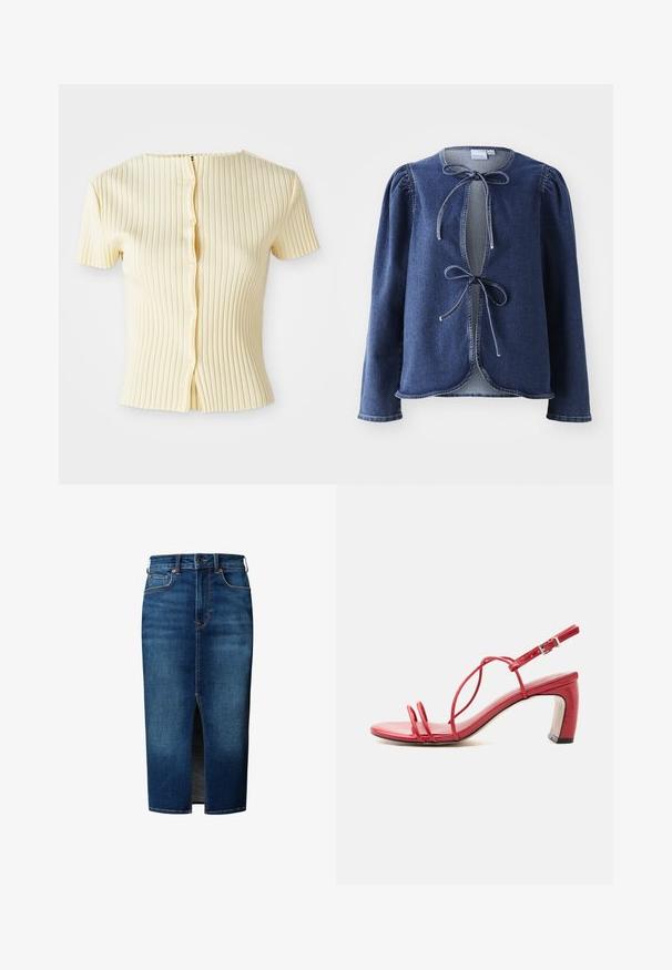 Lühikeste varrukate ning soonikkoes pehme kollane topp, ümmarguse kaelusega ja viie nupuga eest sulgemisega. Tekstuur on sile ja vertikaalsete triipudega.; Tume sinine denim jakk, millel on pikad varrukad, paistes õlad ja ees lipsuga sulgemine. Jakk on ümarate äärtega ning kontrastsete õmblustega.; Tumesinistes teksades keskmise pikkusega seelik esilõhikuga, nööpidega, vööaasadega ja esitaskutega.; Punased kontsaga sandaalid, millel on õhukesed rihmad varvaste üle ja ümber pahkluu, reguleeritav pandel ning plokktald valgel taustal.