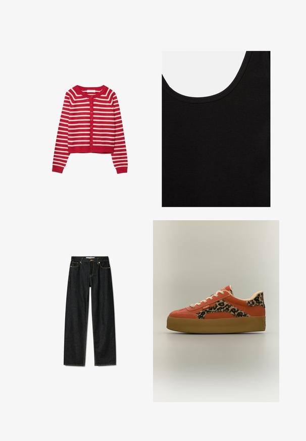 Roter kurzer Cardigan mit weißen horizontalen Streifen, rundem Ausschnitt und Knopfleiste vorne. Verfügt über lange Ärmel sowie gerippte Bündchen und Saum.; Schwarzes ärmelloses Tanktop mit rundem Ausschnitt, das die Stoffstruktur und Nahtdetails im oberen vorderen Bereich zeigt.; Dunkelblaue Jeans mit geradem Schnitt, Messingknopfverschluss und kontrastierenden gelben Nähten. Verfügt über fünf Taschen und eine klassische Passform.; Sneaker mit niedriger Sohle aus orangefarbenem Leder, weißen Schnürsenkeln und Leopardenmuster-Details an den Seiten, der Ferse und der Zunge vor neutralem Hintergrund.