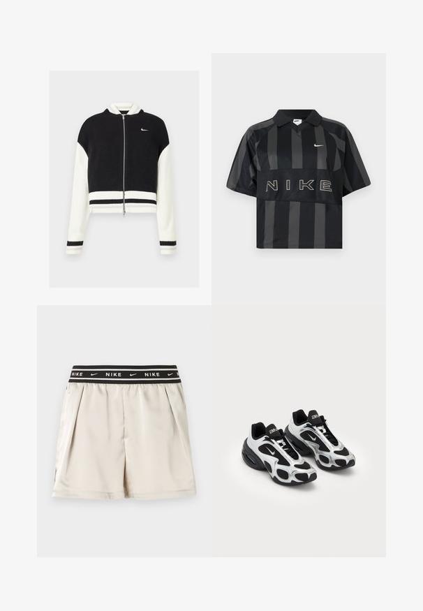 Chaqueta recortada en blanco y negro con cremallera y ribete acanalado. Presenta una textura de punto y un pequeño logo en el lado izquierdo del pecho. Acentos a rayas en las mangas.; Polo de manga corta de Nike con rayas verticales en negro y gris oscuro, con cuello, logo blanco de Nike y texto grande NIKE en el pecho.; Pantalones cortos beige claro de Nike con cintura elástica negra con logo de Nike blanco y patrones de swoosh, mostrados sobre un fondo liso.; Zapatos deportivos negros y plateados con parte superior de malla y sintético, que presentan un diseño ondulante distintivo y un collar acolchado, con amortiguación de aire en la suela.