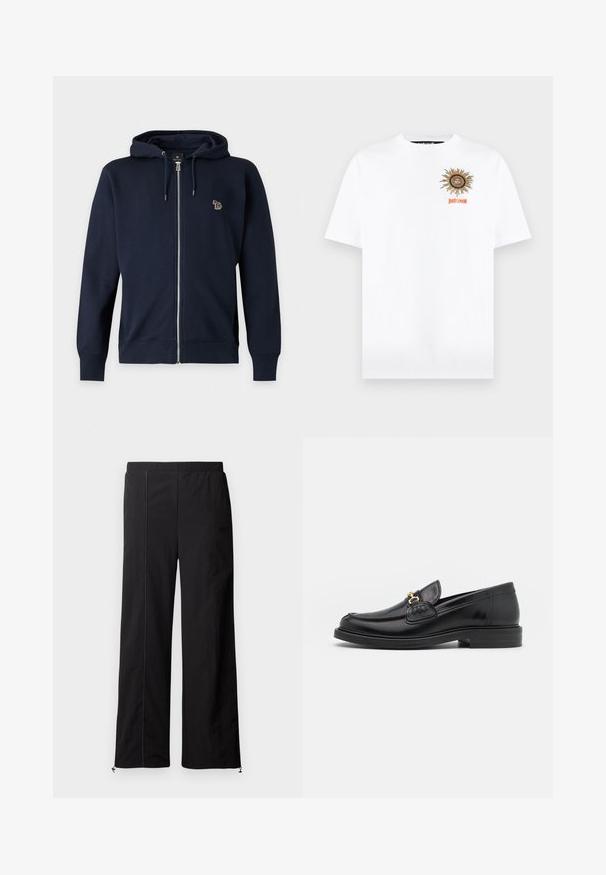 Marineblauer Kapuzenpullover mit Reißverschluss, Kordelzug und kleinem besticktem mehrfarbigem Hundelogo auf der linken Brust.; Weißes T-Shirt mit kurzen Ärmeln, mit einer Sonnen-Grafik und dem Schriftzug "just cavalli" in Orange auf der oberen linken Brust.; Schwarze weit geschnittene Hosen mit glatter Textur, elastischem Bund und Kordelzugverschluss an den Knöcheln. Verfügt über kontrastierende Steppnähte.; Schwarze Lederleter mit einer abgerundeten Zehenpartie, ausgestattet mit goldenen Hardwareakzenten und Stichdetails, auf einer niedrigen, strukturierten Gummisohle.