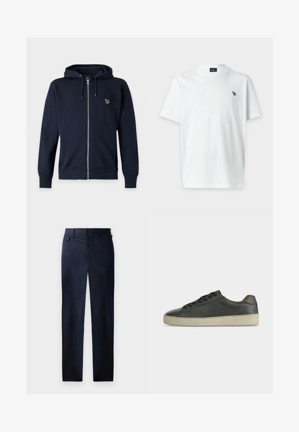 Marineblå hættetrøje med lynlås, snøre og lille broderet flerfarvet hundelogo på venstre bryst.; Plain hvid T-shirt med korte ærmer med en lille multifarvet zebra logo på venstre bryst og en rund halsudskæring.; Marineblå, lige ben bukser lavet af glat stof. Har en lynlås foran, knaplukning og en diskret sidelomme. Ingen synlige mønstre.; Lav top sort lædersneaker med sorte snørebånd og off-white gummisål, set fra den ydre side på hvid baggrund.