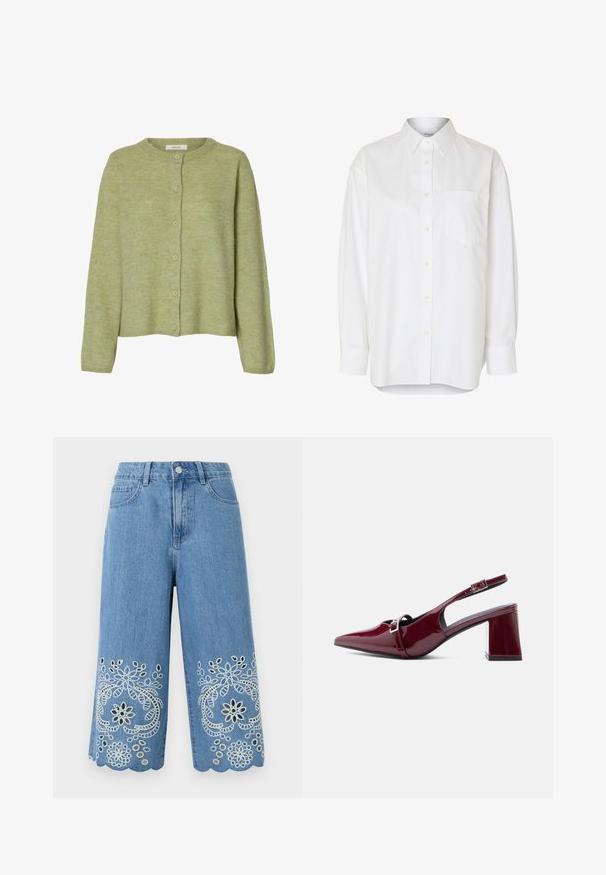 Cardigan tricoté vert clair à manches longues avec col rond et six boutons devant, avec l'étiquette "Selected."; Chemise blanche à manches longues boutonnée avec col pointu et poche poitrine, présentée sur un fond uni.; Shorts en denim bleu clair avec broderie florale ajourée et ourlets festonnés, dotés de poches avant et d'une fermeture à bouton.; Chaussure slingback en cuir verni bordeaux à bout pointu, talon bloc de hauteur moyenne et bride réglable avec boucle sur le dessus.