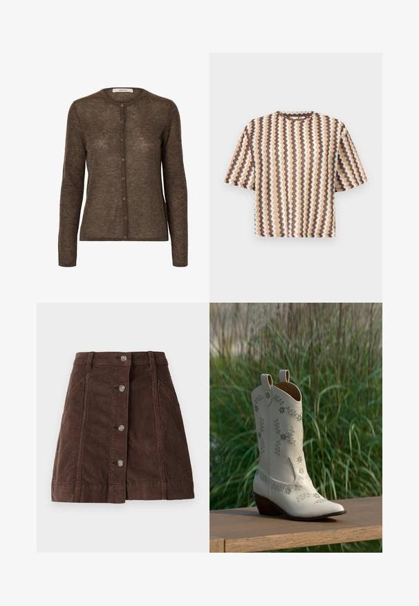 Brauner Langarm-Cardigan mit rundem Ausschnitt und einer vorderen Reihe von acht Knöpfen, gefertigt aus einem weichen, leicht transparenten Stoff.; Kurzärmeliges Sweatshirt mit vertikalen Zickzackstreifen in Braun-, Beige- und Weißtönen auf einfarbigem Hintergrund.; Brauner Cord-Rock im A-Linien-Schnitt mit vorderem Knopfverschluss und Seitentaschen, mit Gürtelschlaufen und vertikalen Nahtdetails.; Cremefarbener Cowboy-Stiefel mit Blumenstickerei und einem mittelbraunen schrägen Absatz, dargestellt auf einer Holzoberfläche mit hohem Gras im Hintergrund.