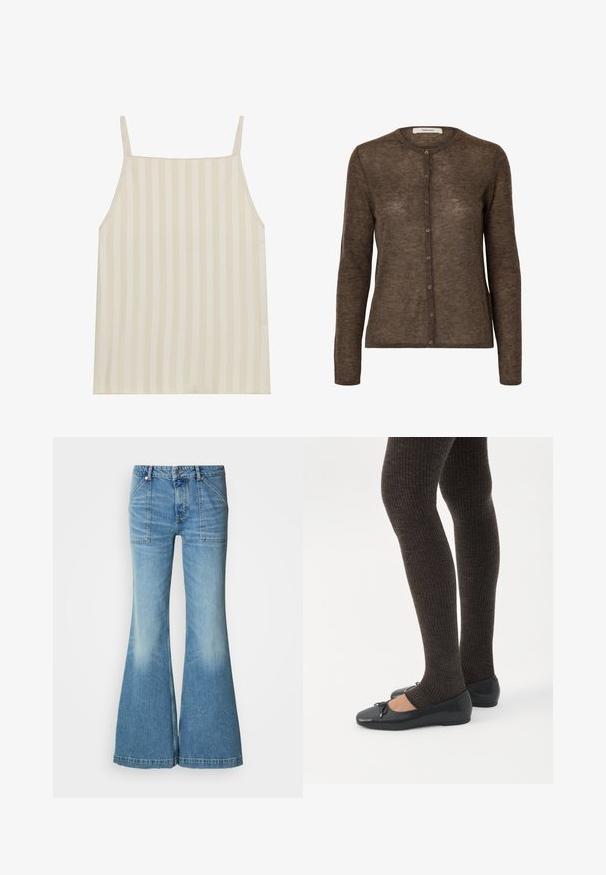 Cardigan marron à manches longues avec un col rond et une rangée de huit boutons à l'avant, confectionné dans un tissu doux et légèrement transparent.; Camisole beige clair avec un motif à rayures verticales, fines bretelles réglables et coupe décontractée. Texture lisse avec un léger éclat.; Jean flare en denim bleu clair avec une taille haute. Comprend deux poches avant et un motif délavé le long des jambes. L'ourlet est légèrement effiloché.; Jambes portant des leggings côtelés foncés associés à des ballerines noires avec de petits détails en nœud sur fond blanc.