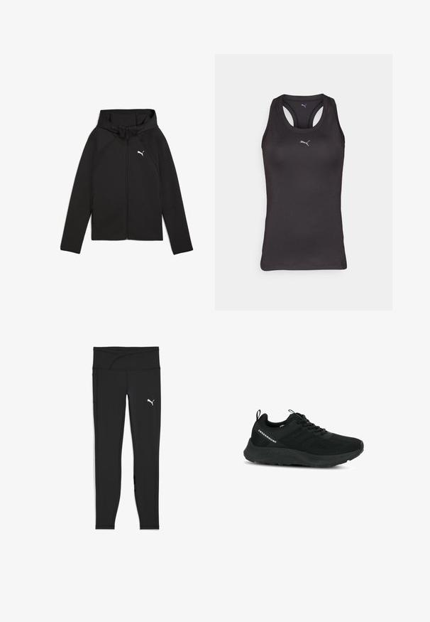 Sort jakke med lynlås foran, hætte og et lille hvidt logo. Har raglanærmer og glat, tekstureret stof. Ingen synlig hardware.; Sort atletisk tanktop med racerback-design, lavet af glat stof, med et lille gråt logo i midten på fronten.; Sorte atletikleggings med høj talje, sidelomme og hvidt Puma-logo på øvre lår.; Sort sportsko med en struktureret overdel, netpaneler og en polstret sål. Har snørebånd og en løkke ved hælen for nem påtagning.