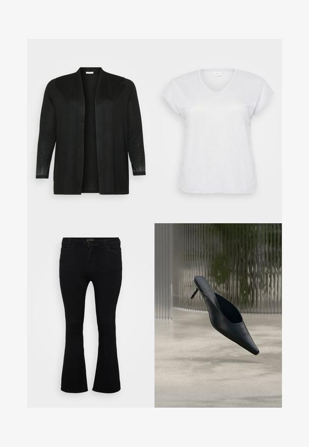Sort cardigan lavet af blødt stof, med åben front, trekvartærmer og kontrastdetaljer med små, blanke prikker på ærmerne.; Hvid kortærmet V-hals t-shirt med en subtil skimmereffekt, der har en afslappet pasform og ingen synlige mønstre eller accenter.; Sorte viddejeans lavet af denim, med knaplukning, fem lomme og en glat overflade. Klassisk design med flagrende kant.; Sort mule sko med spids tå og tynd høj hæl, der svæver over en glat beton gulv med en sløret baggrund med lodrette striber.